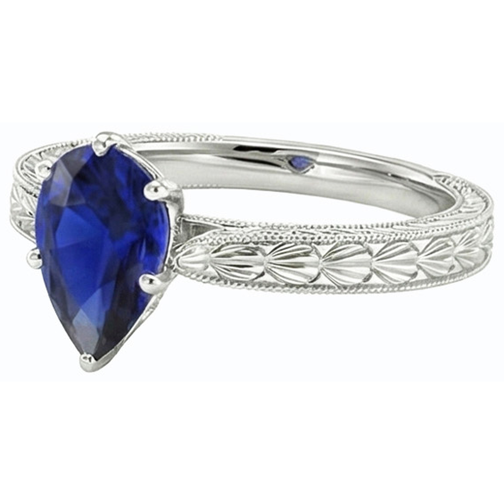 Solitär Birne Antik-Stil Blauer Saphir Ring 1,50 Karat Weißgold