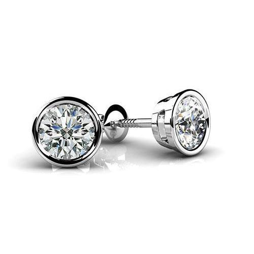 Solitär-Set mit runder Ohrstecker-Lünette aus echtem Aus der Erde Abgebauter Natürlicher Diamant, 2 Karat 14 Karat Weißgold