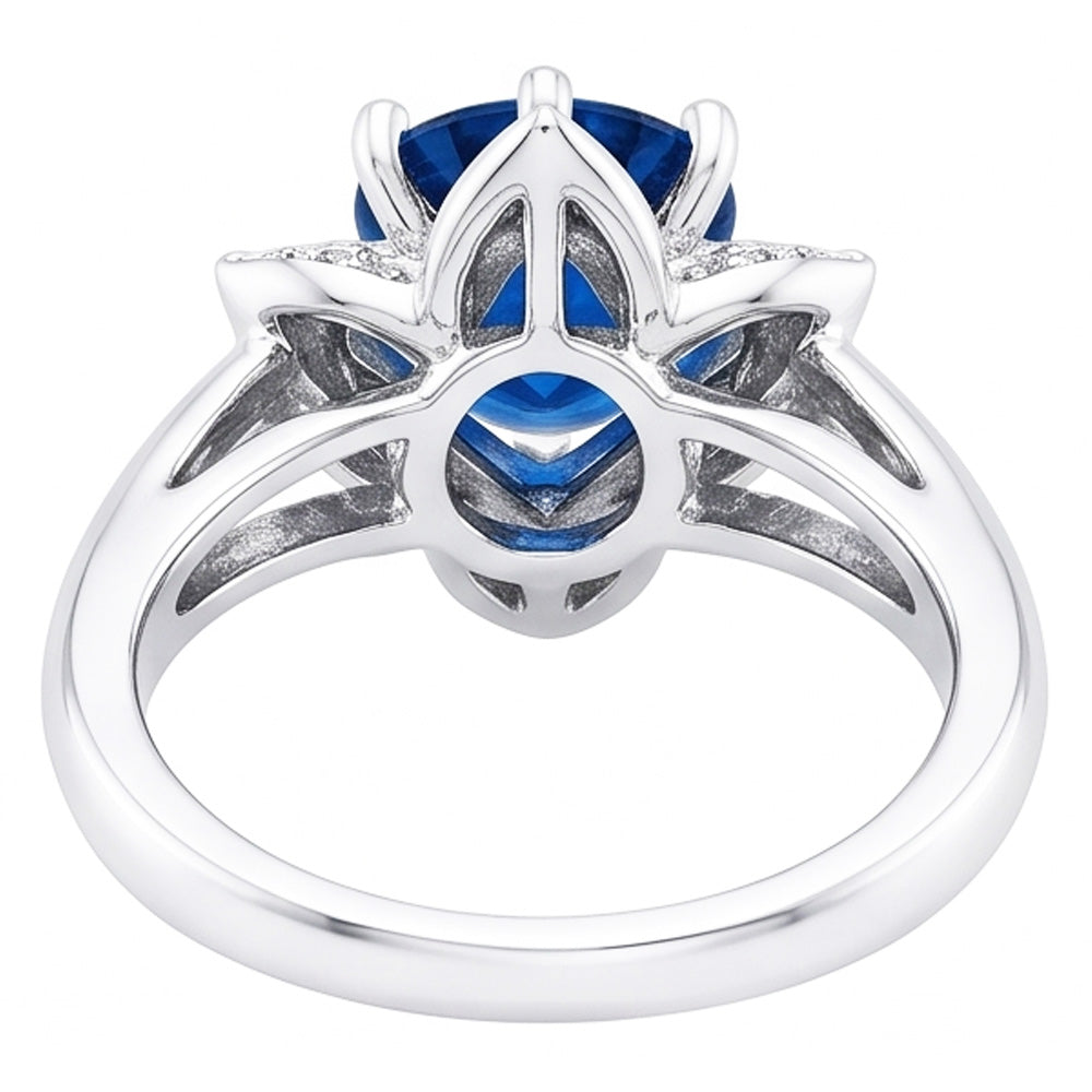 Sri Lanka Saphir mit Aus der Erde Abgebauter Natürlicher Diamanten 3 Karat Blumenring Weißgold 14K