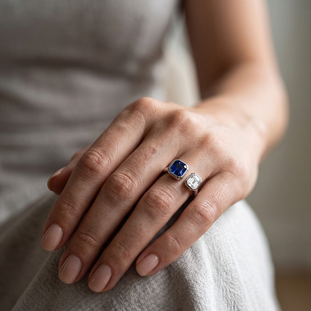 Toi et Moi Asscher Aus der Erde Abgebauter Natürlicher Diamantring-Lünette Set Strahlender Saphir 2,50 Karat