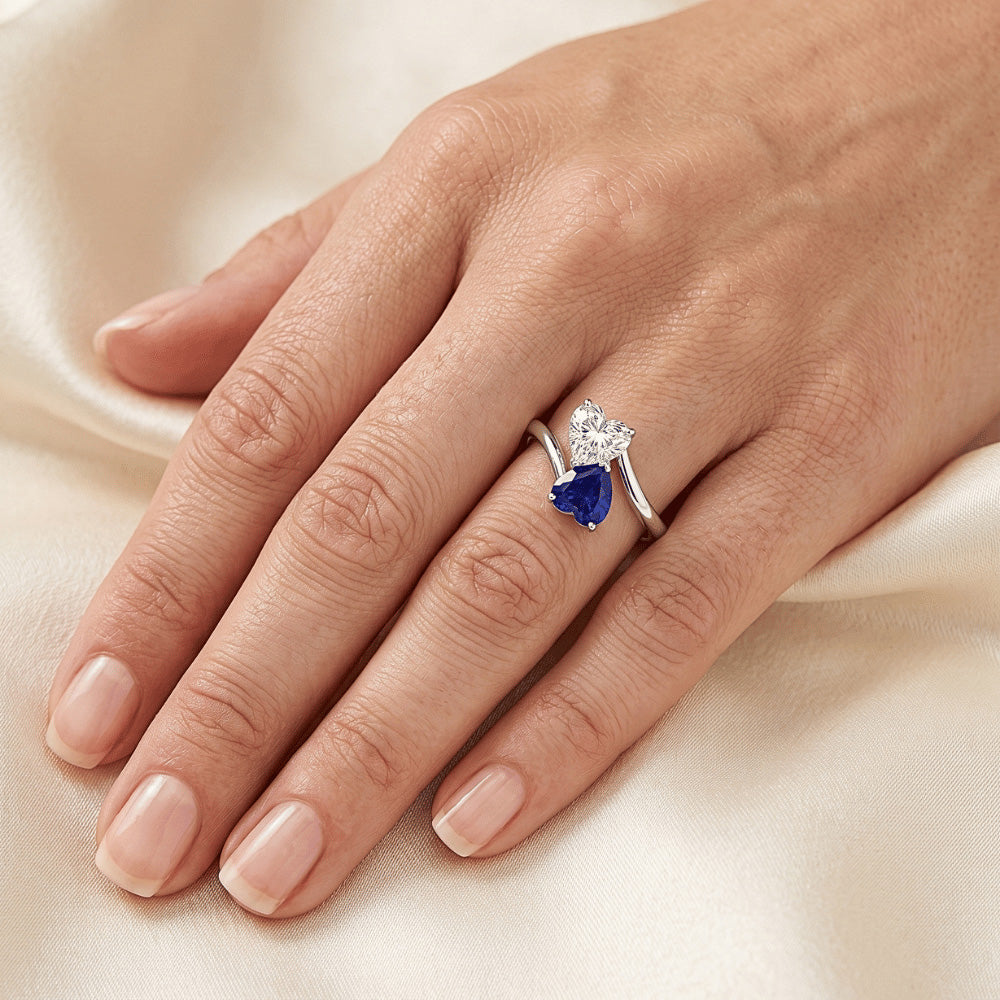 Toi et Moi Herz Blauer Saphir & Natürlicher Diamant ( nicht im Labor gezüchtet ) Ring 3 Karat 2 Steine Schmuck