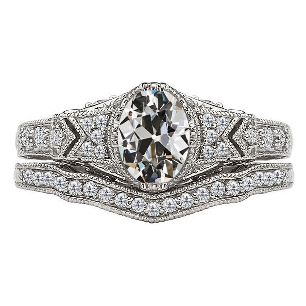 Trauring Set Oval Old Miner Echt Aus der Erde Abgebauter Natürlicher Diamant Antik Stil 5 Karat