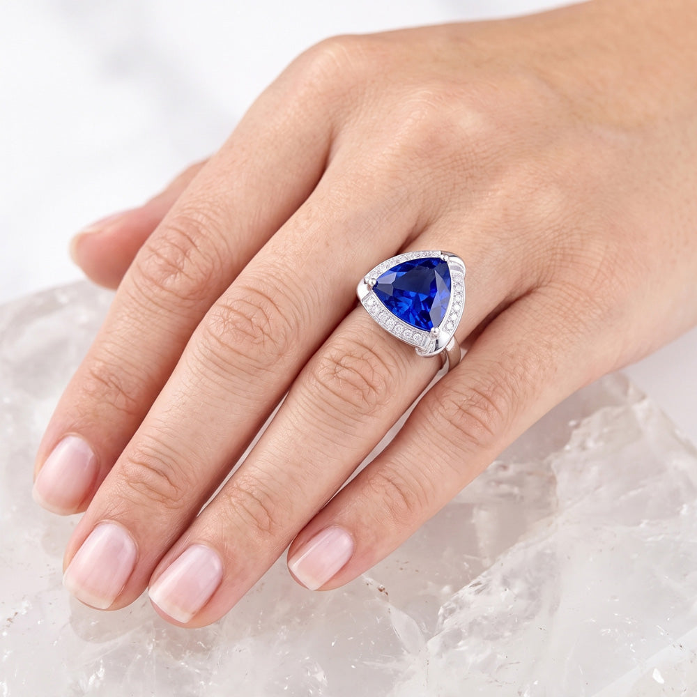 Trillion Halo Ceylon Saphir Ring Weißgold Schmuck 3 Karat