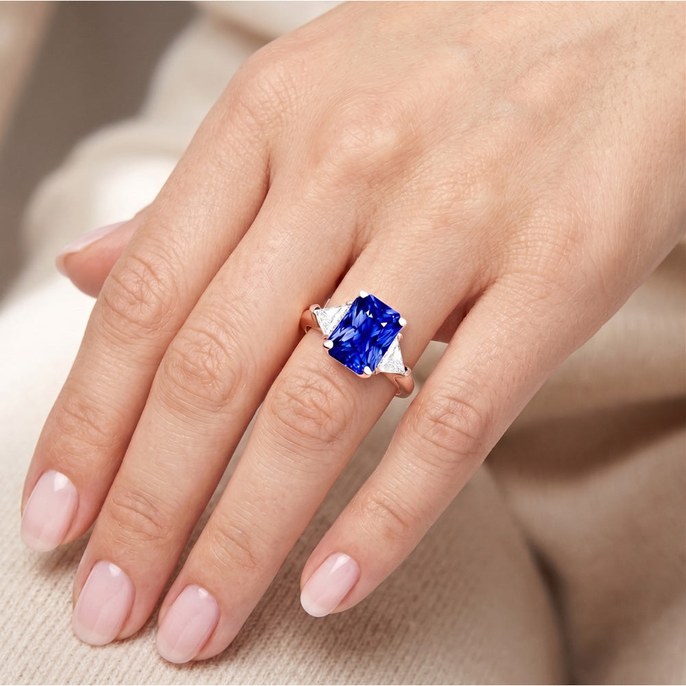 Trillion Natürlicher Diamant ( nicht im Labor gezüchtet ) 3 Stone Ring Strahlender Saphir Roségold 3 Karat