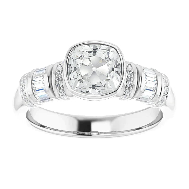 Verlobungsring Baguette & Kissen Altschliff Echt Diamant Lünette Set 4.50 Karat