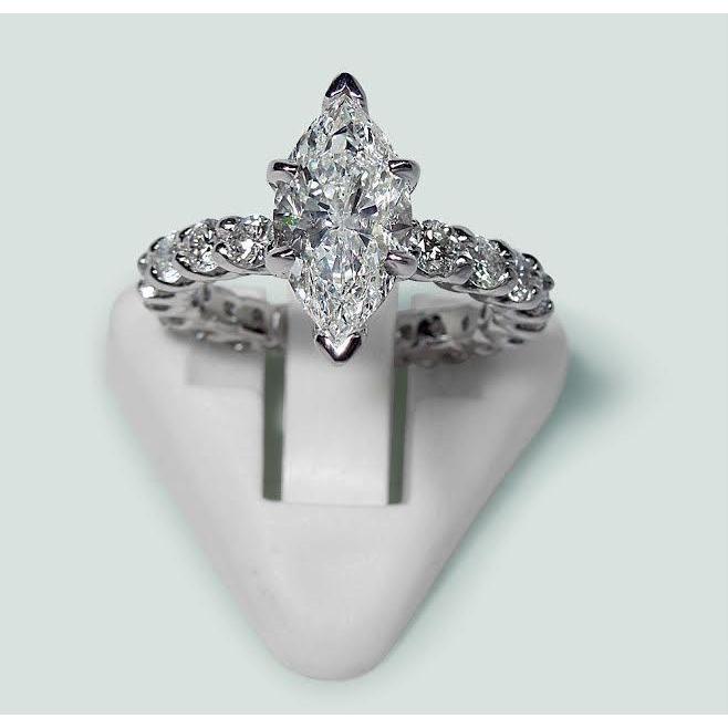Verlobungsring mit Marquise- und rundem Aus der Erde Abgebauter Natürlicher Diamant, 2,75 Karat, 14 Karat echtes Weißgold