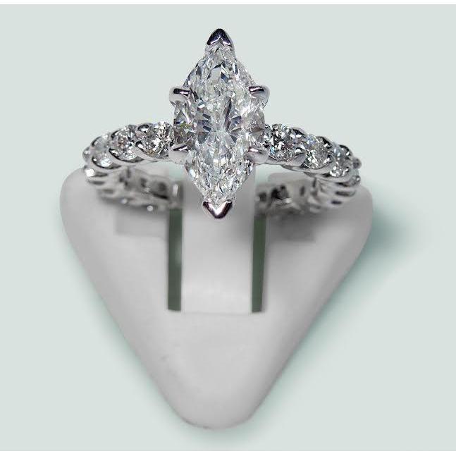 Verlobungsring mit Marquise- und rundem Aus der Erde Abgebauter Natürlicher Diamant, 2,75 Karat, 14 Karat echtes Weißgold