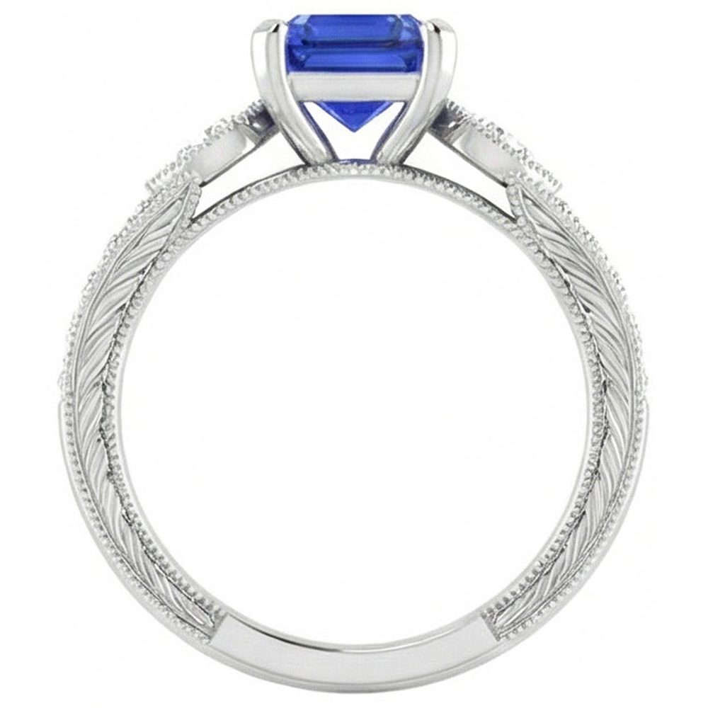 Vintage Style Edelsteinring Asscher Blauer Saphir mit Akzenten 3 Karat