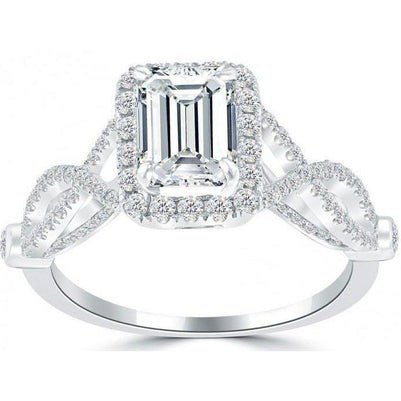 WG 14K 3Kt. Echt Aus der Erde Abgebauter Natürlicher Diamant Smaragd & Runder Halo Ring Twisted Shank Damen Schmuck