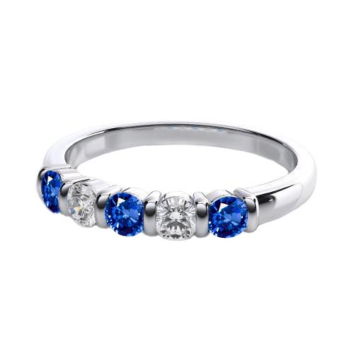 WG 14K Rundschliff Ceylon Saphir Aus der Erde Abgebauter Natürlicher Diamant Fünf-Steine Ring 1.75 ct.