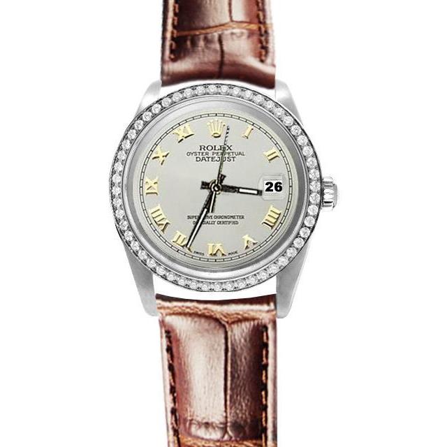 WeiBes romisches Zifferblatt Diamant Lunette Lederband Damen Herren Rolex Uhr SCHNELLSET