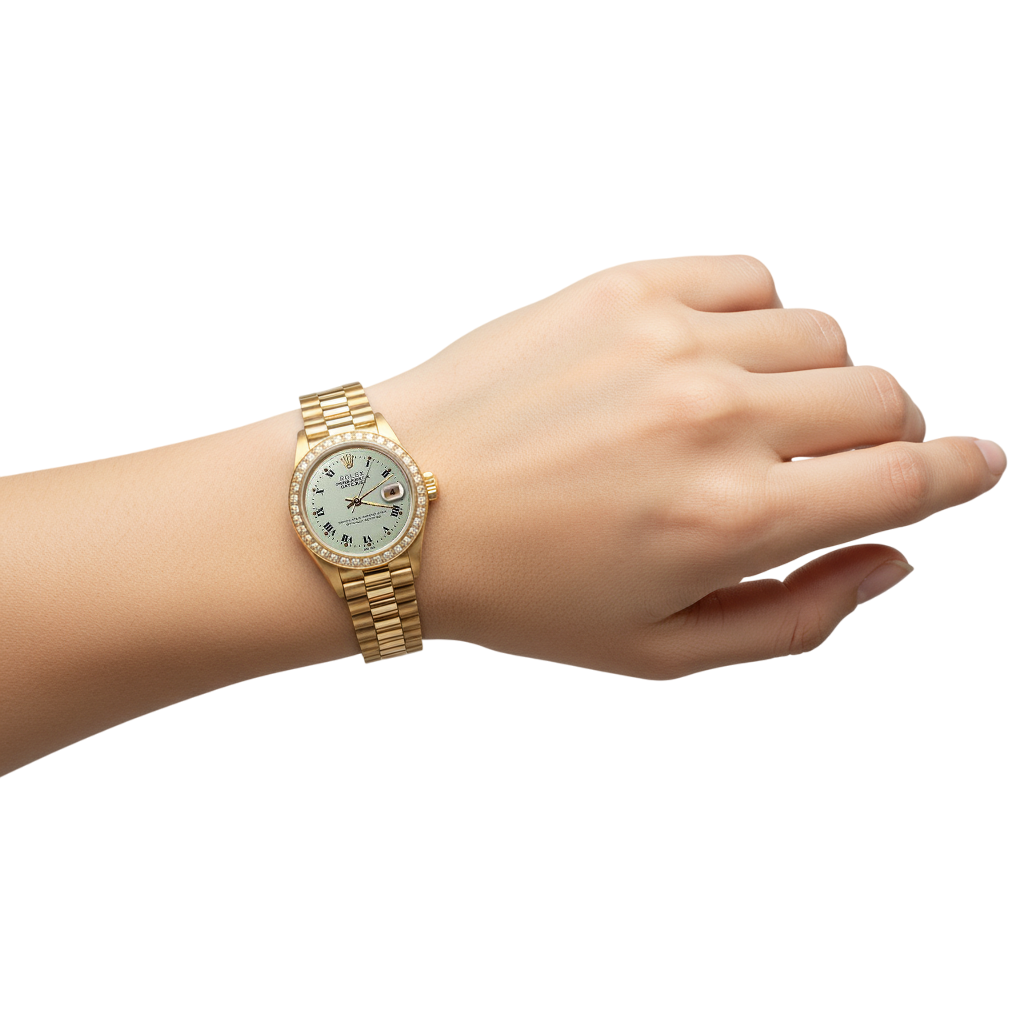 Weißes römisches Zifferblatt, Diamantlünette, Rolex Datejust-Uhr, Präsident-Stil, Gelbgold P2