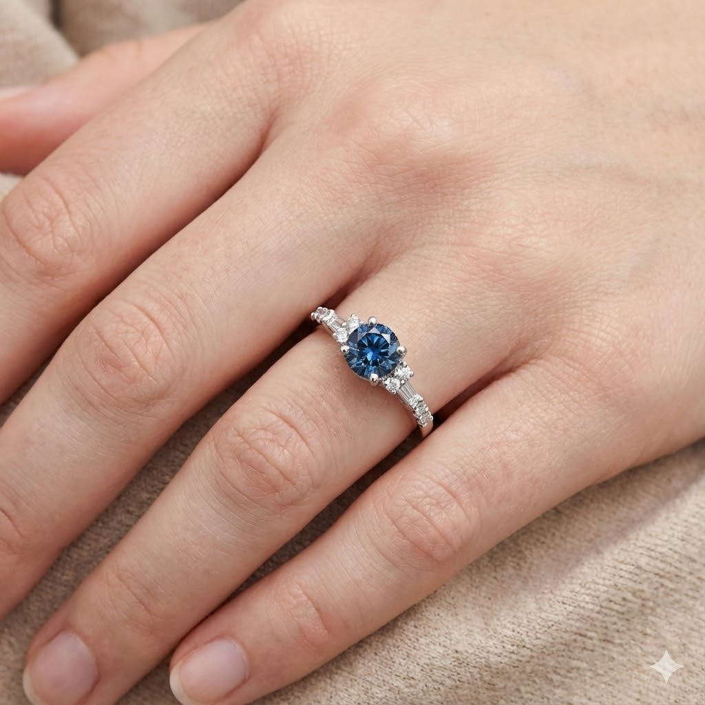 Weißgold 1 Karat Verlobungsring mit blauen weißen Aus der Erde Abgebauter Natürlicher Diamanten