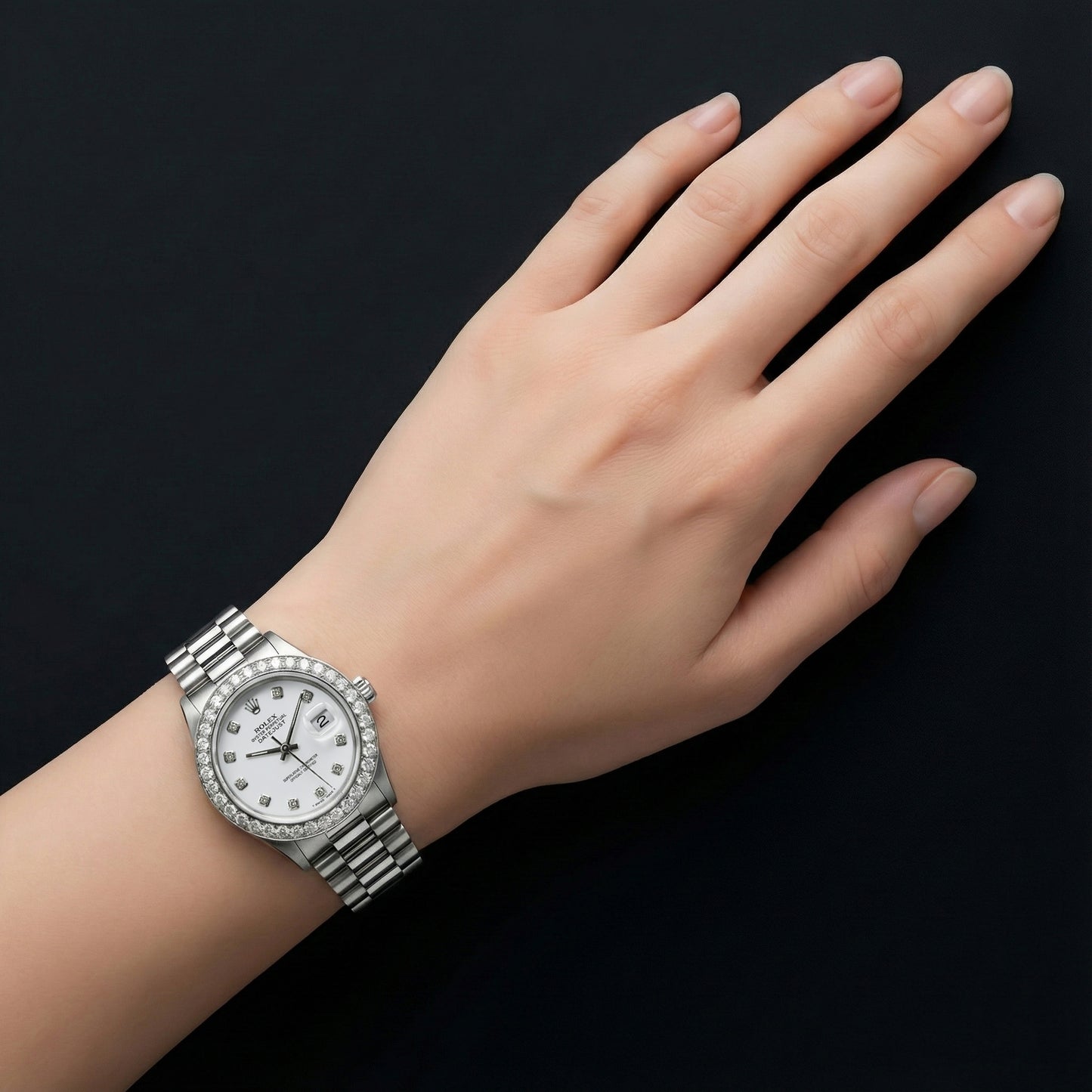 Weißes Zifferblatt, individuelle Rolex-DateJust-Uhr mit Diamanten und großer Lünette aus Edelstahl