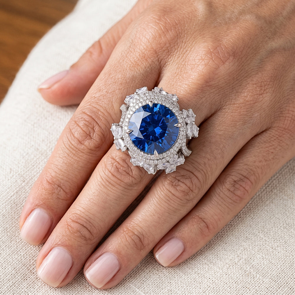 Weißgold 14K Blauer Saphir im Birnenschliff mit Aus der Erde Abgebauter Natürlicher Diamanten Ring 9.50 Karat