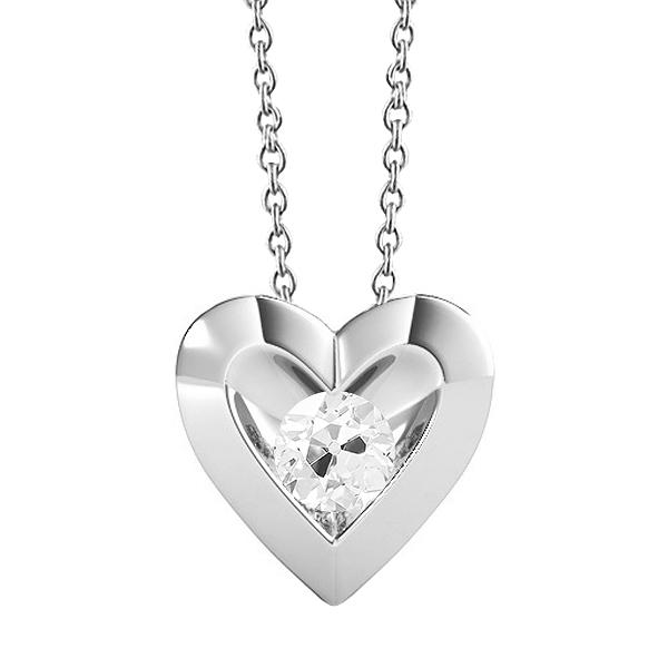 Weißgold-Echt Diamant-Herz-Anhänger mit Kette rund im Altschliff 1 Karat