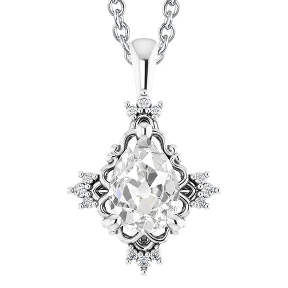 Weißgold Natürlich Diamant Anhänger Birne alter Bergmann 3.50 Karat Krappenfassung