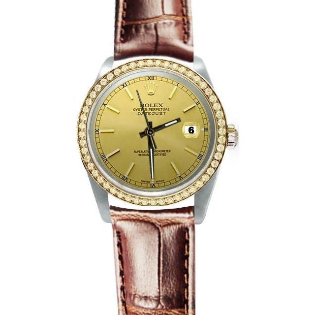 Wunderschöne Rolex-Uhr mit Champagner-Zifferblatt und braunem Lederarmband. SCHNELLES SET