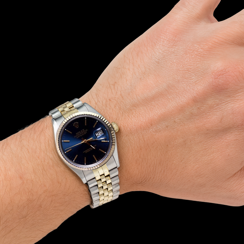 Zweifarbige Rolex Date Just Betrachten mit blauem Stick-Zifferblatt, Oyster Perpetual Jubilee, SCHNELLSET
