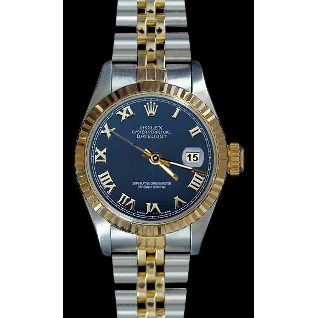 Zweifarbige, geriffelte Lünette, Datejust-Damenuhr, blaues römisches Zifferblatt, Rolex