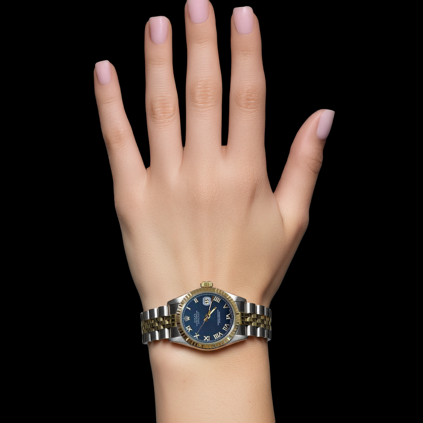 Zweifarbige, geriffelte Lünette, Datejust-Damenuhr, blaues römisches Zifferblatt, Rolex P2