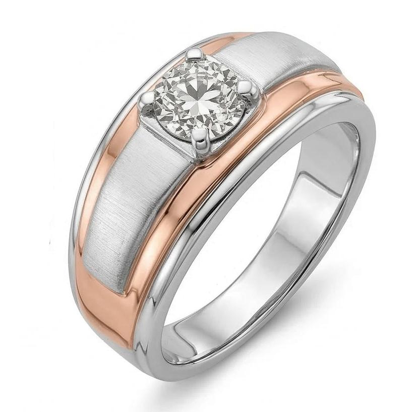 Zweifarbiger Solitär-Ring mit rundem Altschliff-Echt Natürlicher Diamant ( nicht im Labor gezüchtet )-Krapfen-Set 1 Karat