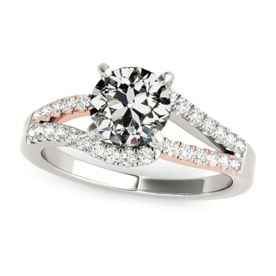 Zweifarbiger runder Altschliff-Echt Diamantring mit geteiltem Schaft 3.75 Karat