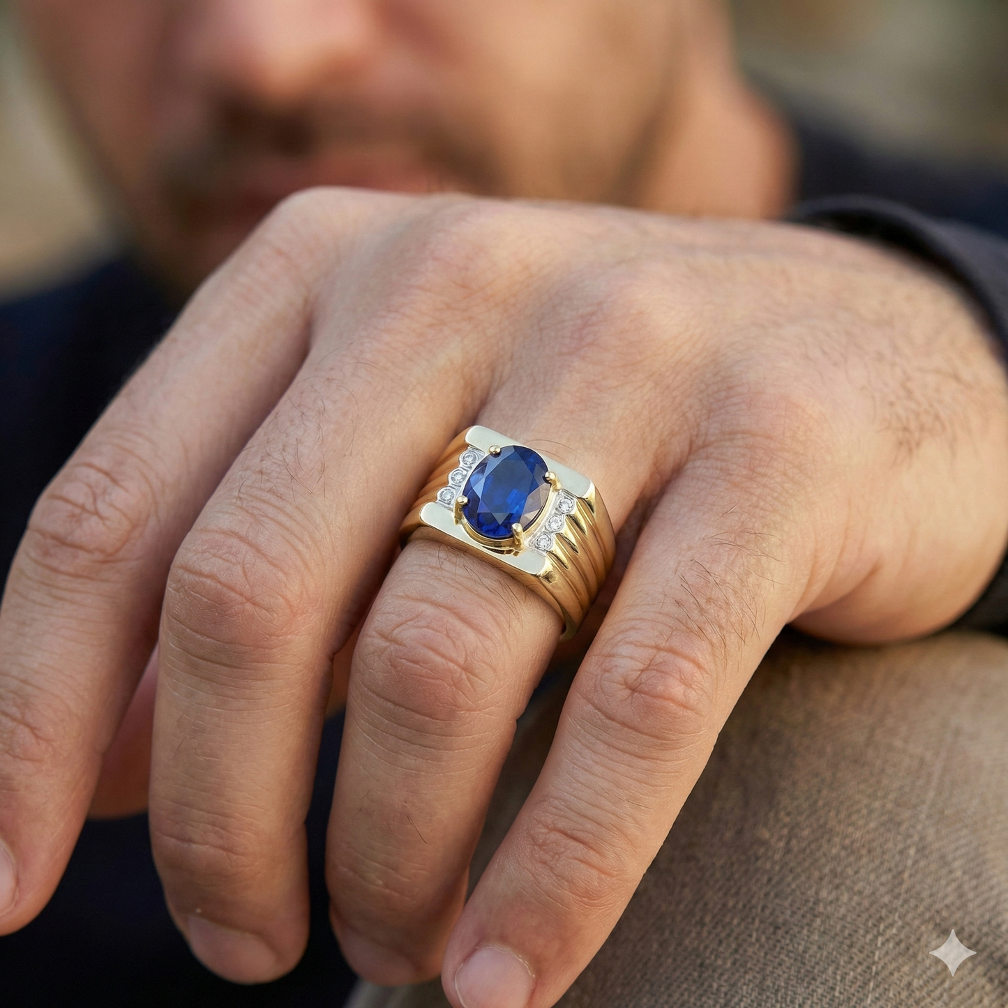 Zweifarbiges Gold 14K Ovaler Saphir & Runder Aus der Erde Abgebauter Natürlicher Diamant Ring 2.31 ct.