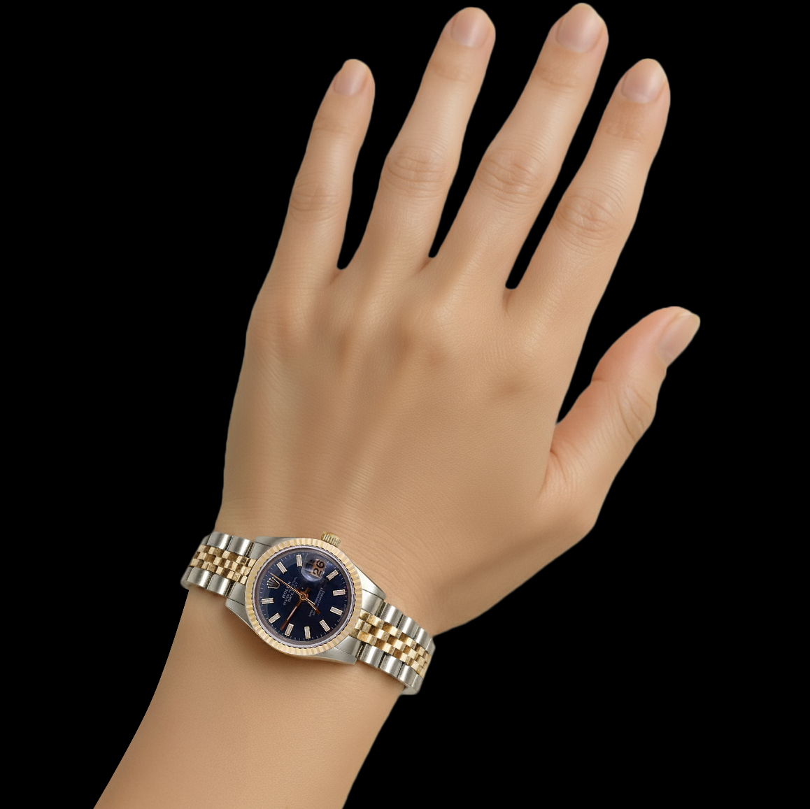 Zweifarbiges Jubilee-Armband, Rolex Date just-Uhr, schwarzes, geriffeltes Zifferblatt P1