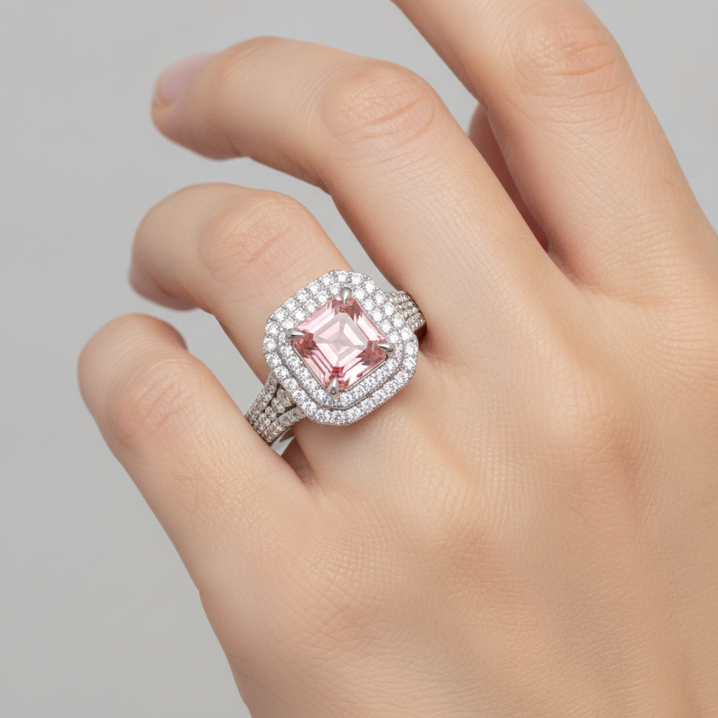 Doppel-Halo-Ring aus 14 Karat Weißgold mit im Labor gezüchtetem pfirsichfarbenem Padparadscha-Saphir im Asscher-Schliff, 4,5 Karat