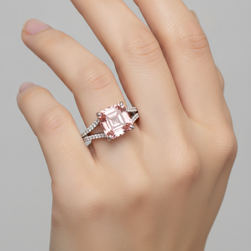Pavé-Ring mit natürlichem pfirsichfarbenem Padparadscha-Saphir im Asscher-Schliff, 3,8 Karat, 14 Karat Weißgold