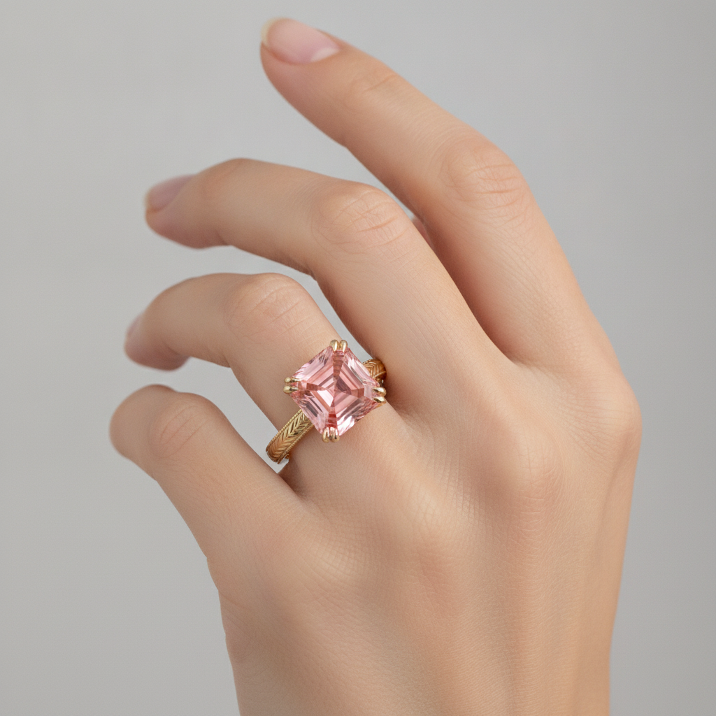 Verlobungsring mit pfirsichfarbenem Saphir 3,5 Karat Natürlicher Padparadscha Solitär im Asscher-Schliff 14 Karat Gelbgold