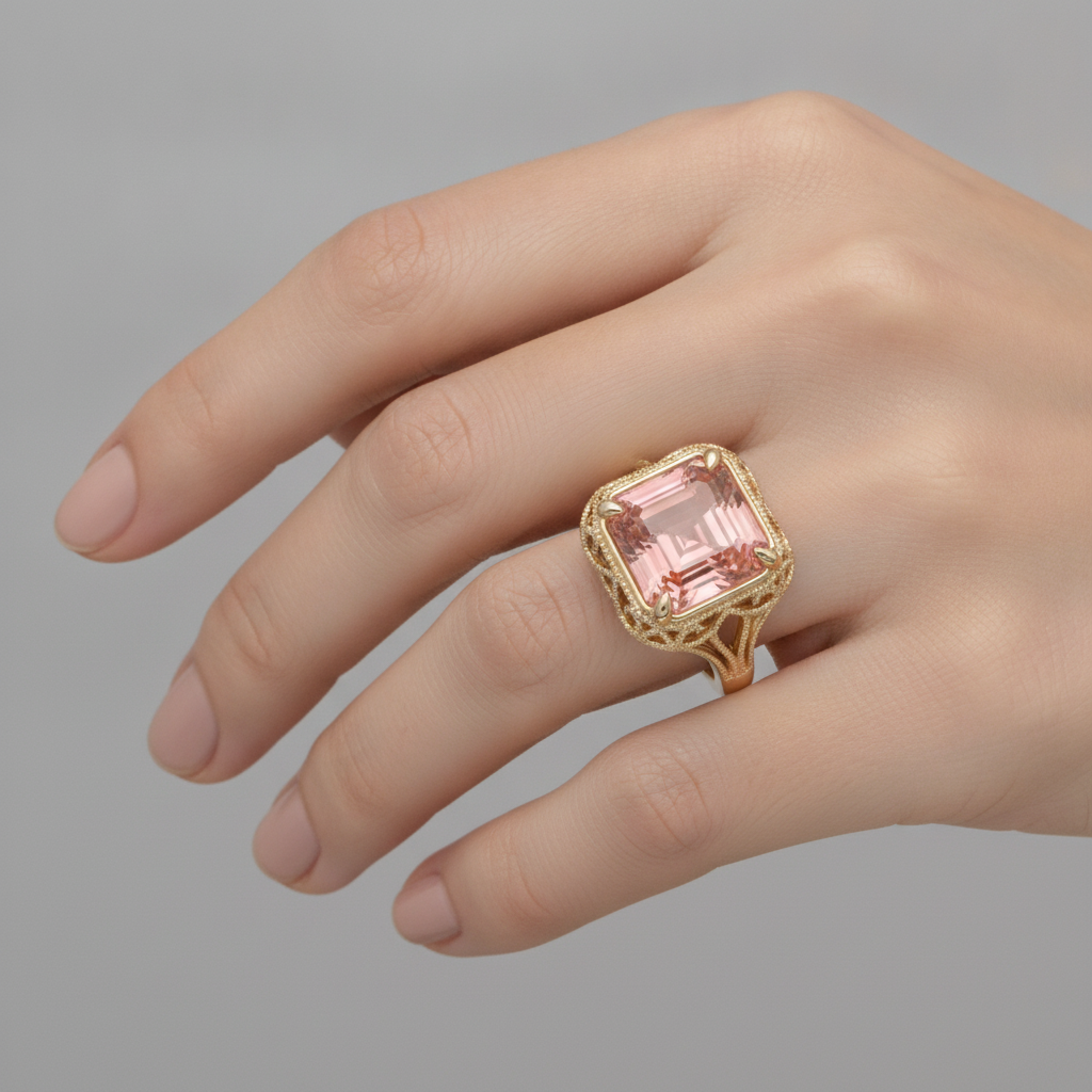 Vintage-Solitärring aus 14 Karat Gelbgold mit echtem pfirsichfarbenem Padparadscha-Saphir im Asscher-Schliff, 3,5 Karat