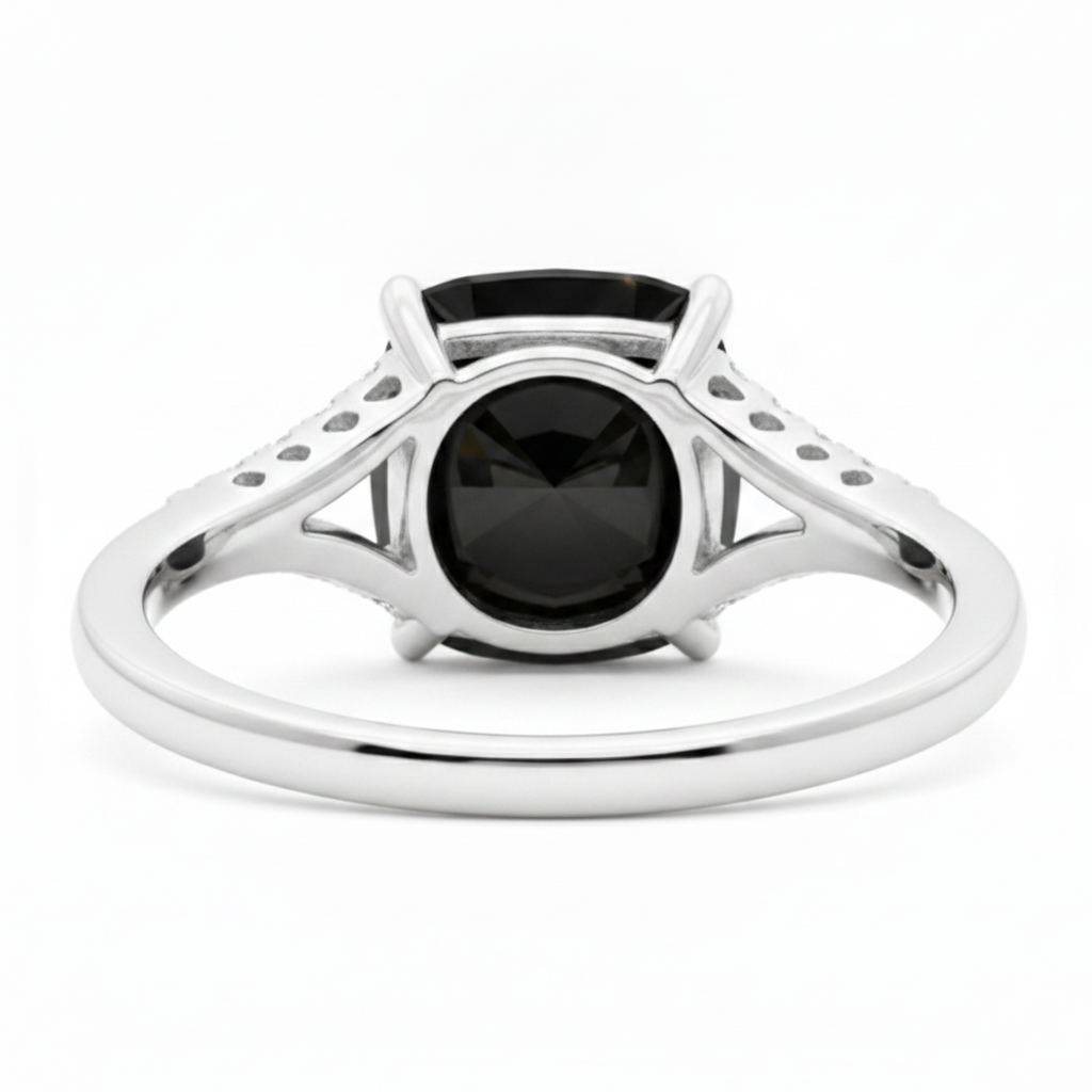 Schwarzer Diamantring 3,2 Karat Echter Kissenschliff Pavé Kathedralfassung 14 Karat Weißgold