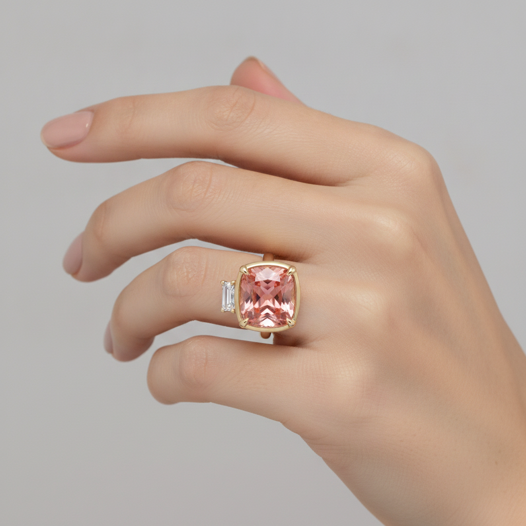 Padparadscha-Saphir- und Diamantring 3,4 Karat Echter Kissenschliff Weiße Baguettes Dreistein 14 Karat Gelbgold