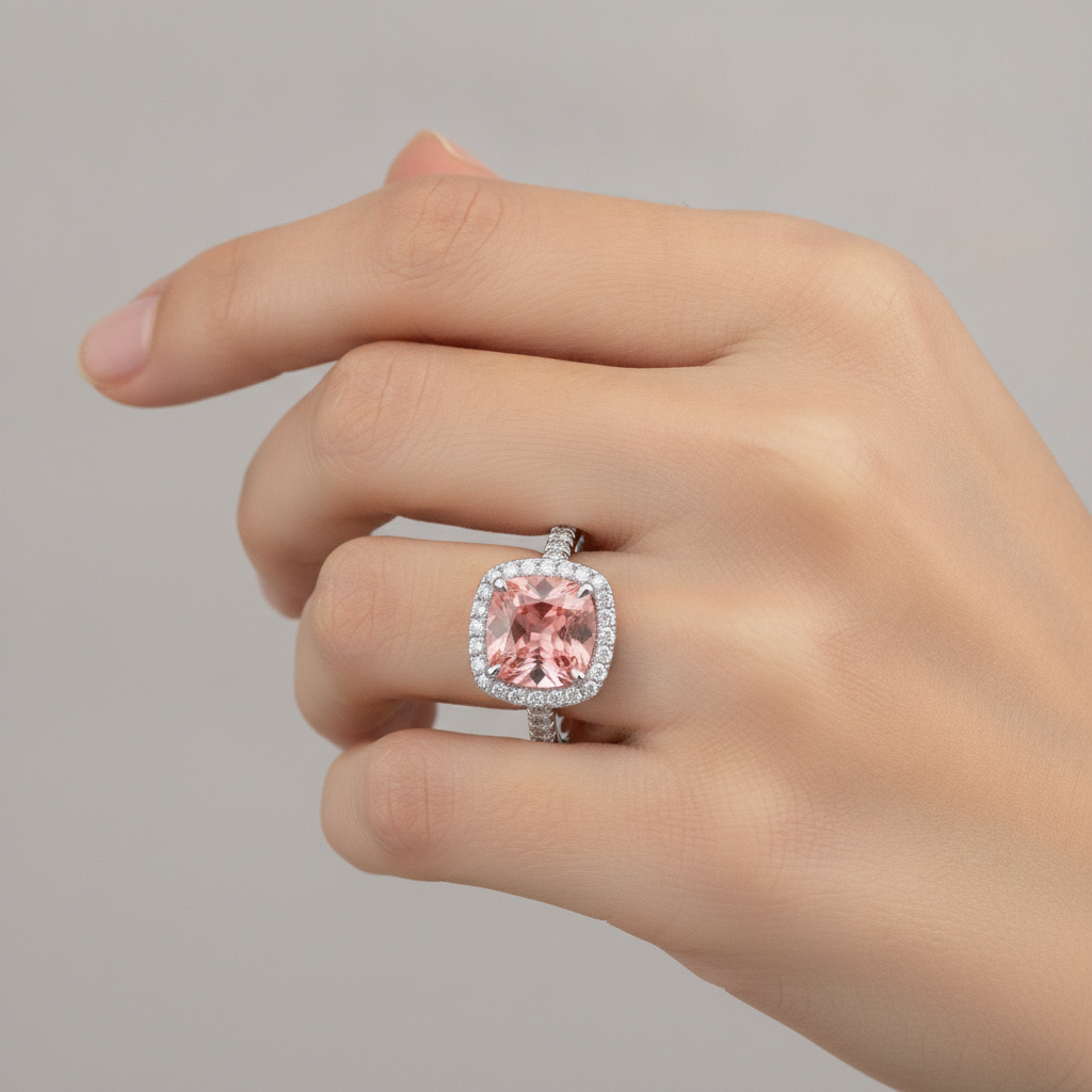 Vintage Padparadscha-Saphir-Ring 2,8 Karat Echter Kissen-Schliff Halo Pavé 14 Karat Weißgold