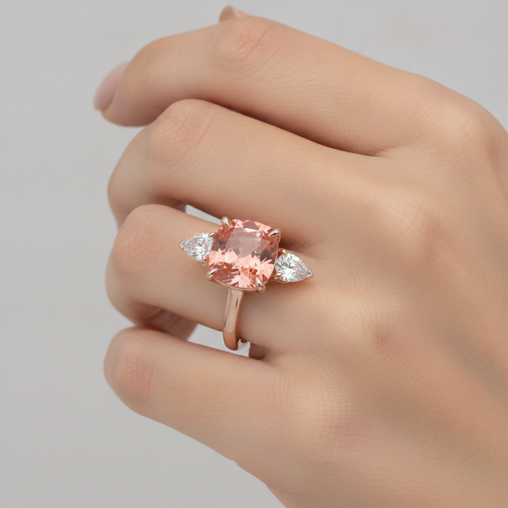 Padparadscha-Saphir Verlobungsring 2,9 Karat Natürlicher Kissenschliff Drei-Stein Schlicht 14 Karat Roségold