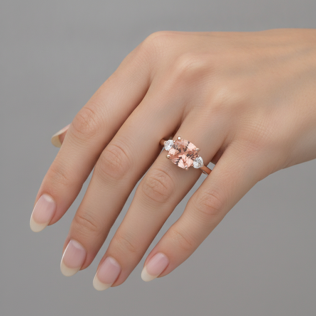 Dreisteinring aus 14 Karat Roségold mit natürlichem Pfirsich-Padparadscha-Saphir im Kissenschliff (2,9 Karat) und weißen Halbmonden