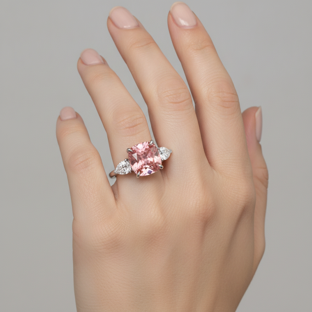 Padparadscha-Saphir-Ring 3,6 Karat Natürlicher Kissenschliff Dreistein Platin