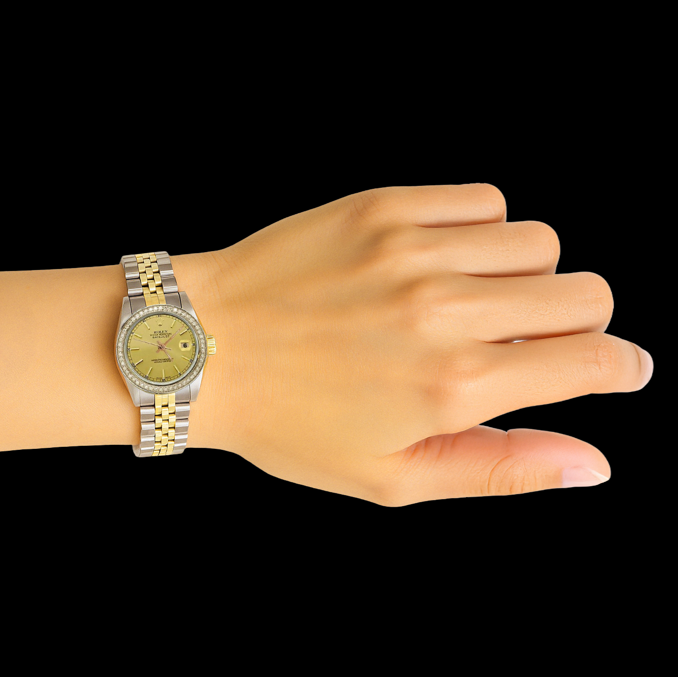 dame Champagne Stock Rolex-Zifferblatt aus Edelstahl und goldenem Jubiläumsarmband P2