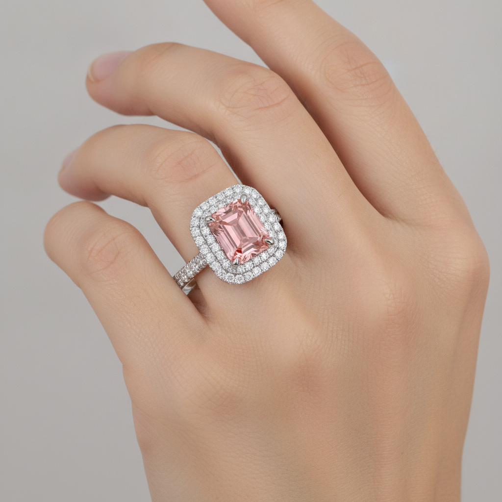 Padparadscha-Saphir-Ring 3,8 Karat Natürlicher Smaragd Doppel-Halo 14 Karat Weißgold