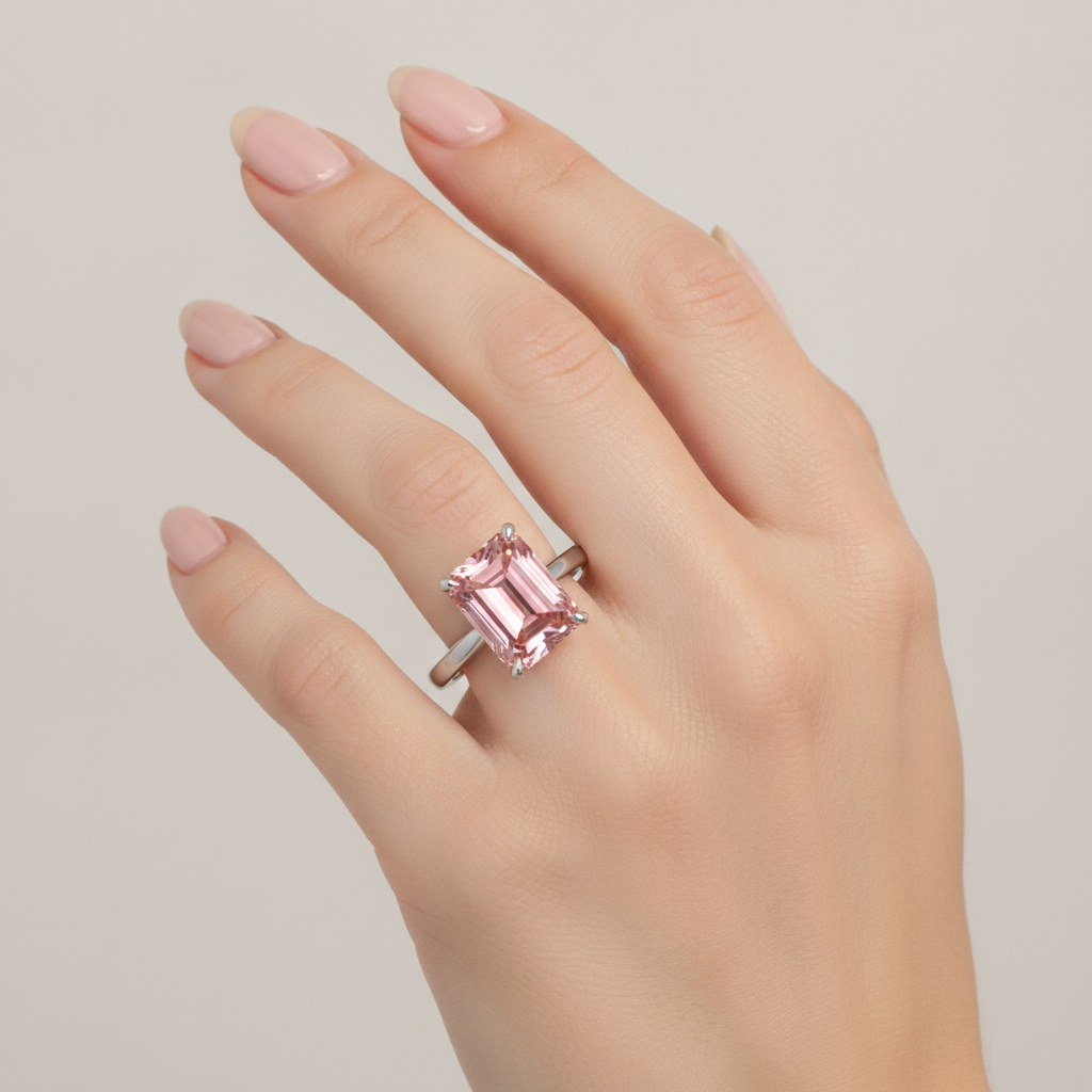 Solitärring mit echtem pfirsichfarbenem Padparadscha-Saphir im Smaragdschliff, 2,5 Karat, 14 Karat Weißgold