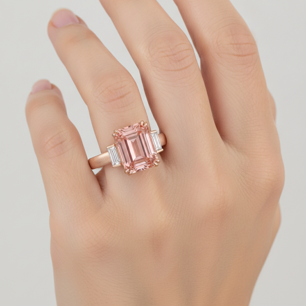 Oranger Padparadscha-Saphir-Ring 3,9 Karat, echter Smaragd und weiße Baguettes, Drei-Steine-Ring, 14 Karat Roségold