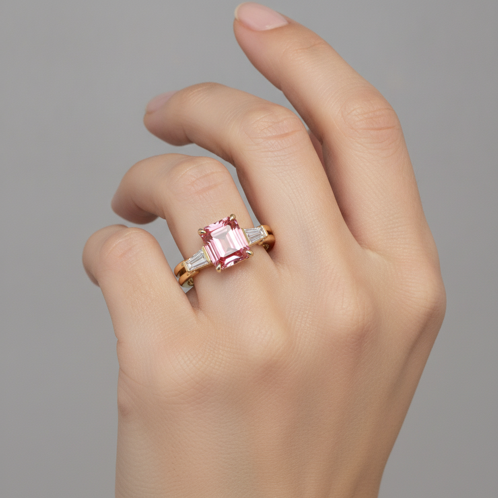 Pfirsich-Saphir-Ring, 2,9 Karat, echter Padparadscha im Smaragdschliff und weiße Baguettes, Dreistein-Ring, 14 Karat Gelbgold
