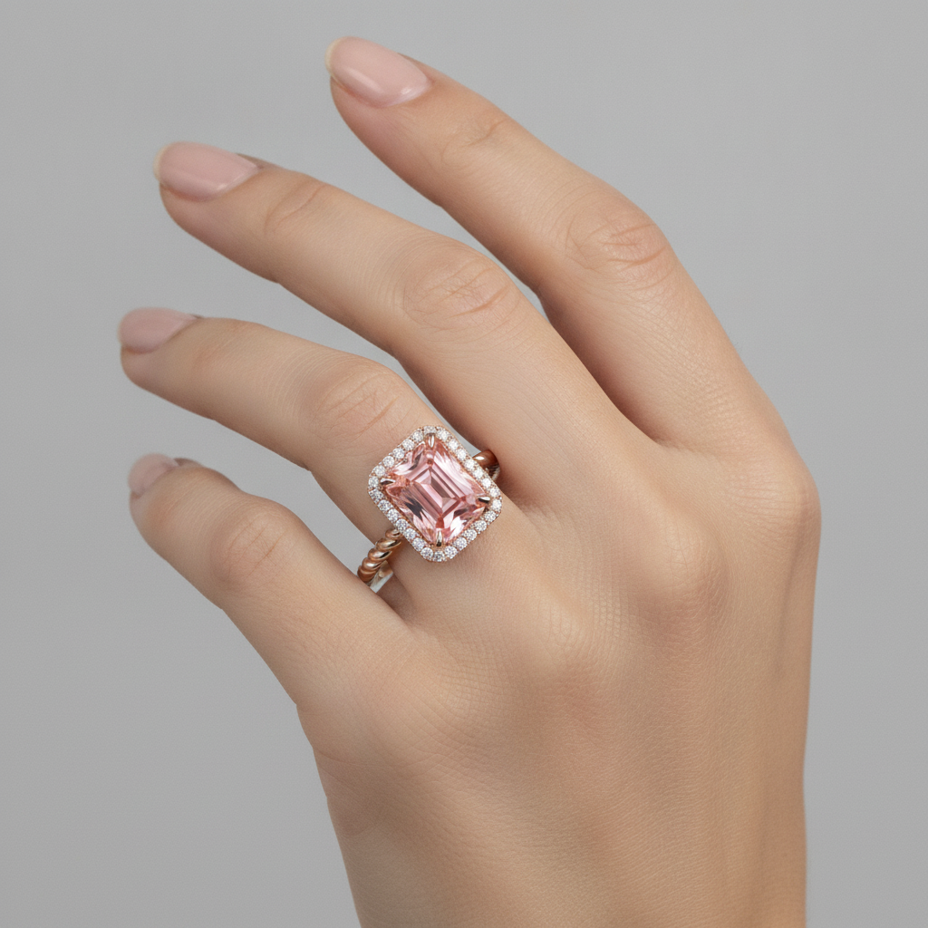 Oranger Padparadscha-Saphir-Ring, 2,5 Karat, Halo aus echten Smaragden, 14 Karat Roségold