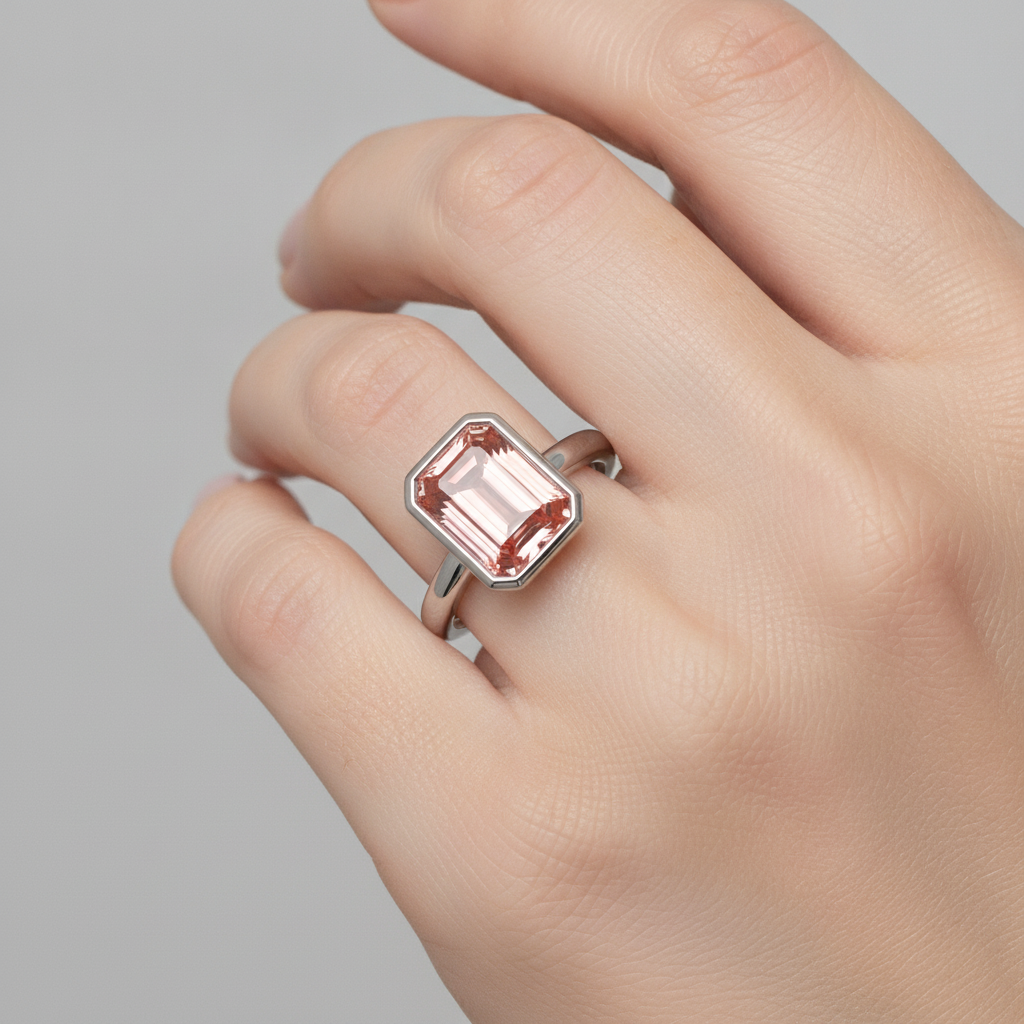 Pfirsich-Saphir 2,5 Karat Natürlicher Padparadscha im Smaragdschliff Solitärring mit Lünette 14 Karat Weißgold