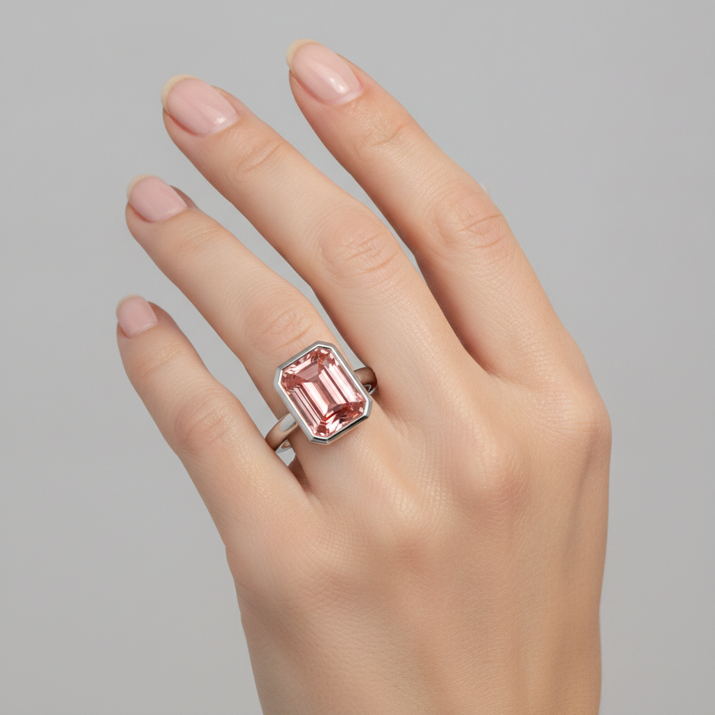Pfirsichfarbener Saphir, 2,5 Karat, natürlicher Padparadscha im Smaragdschliff, Solitärring mit Lünette, 14 Karat Weißgold
