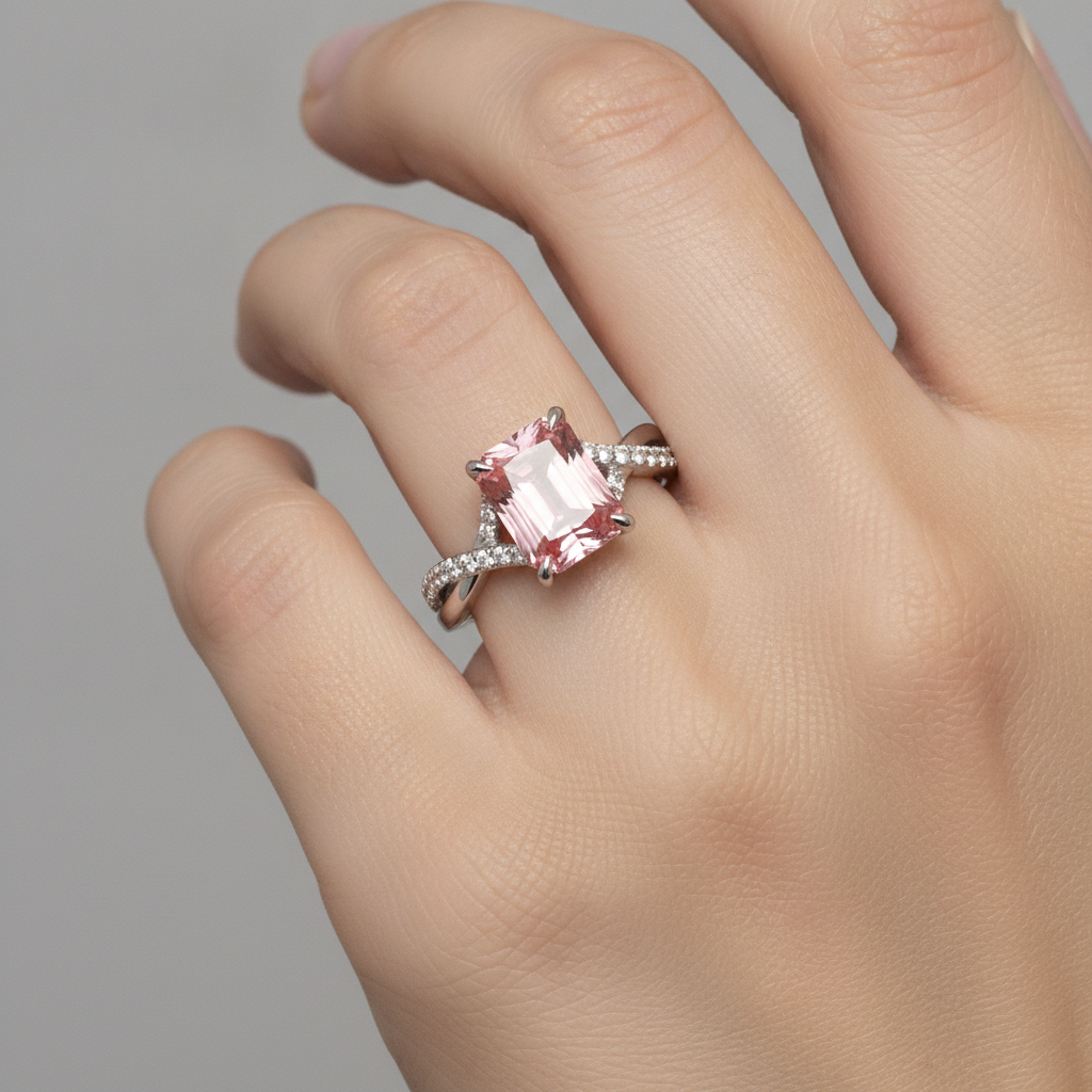 Bypass-Ring aus 14 Karat Weißgold mit 3,3 Karat pfirsichfarbenem Padparadscha-Saphir und echtem Smaragd