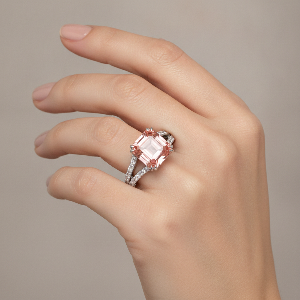 Antiker Padparadscha-Saphir-Ring 3,3 Karat Echter Smaragd geteilte Ringschiene 14 Karat Weißgold