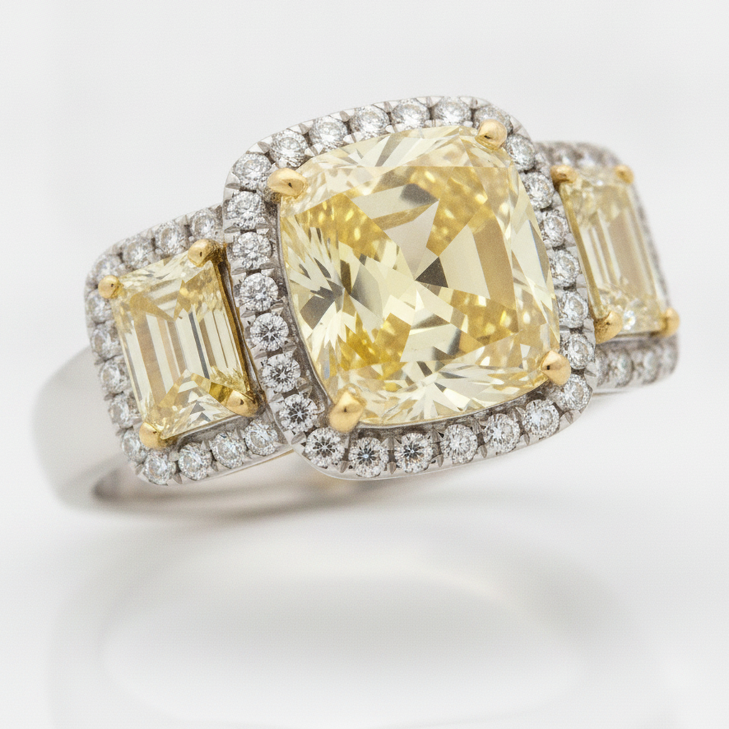 Verlobungsring mit gelbem Edelstein, 2,07 Karat, echter farbiger Diamant im Kissenschliff, Trapez, Halo, Dreistein, Platin